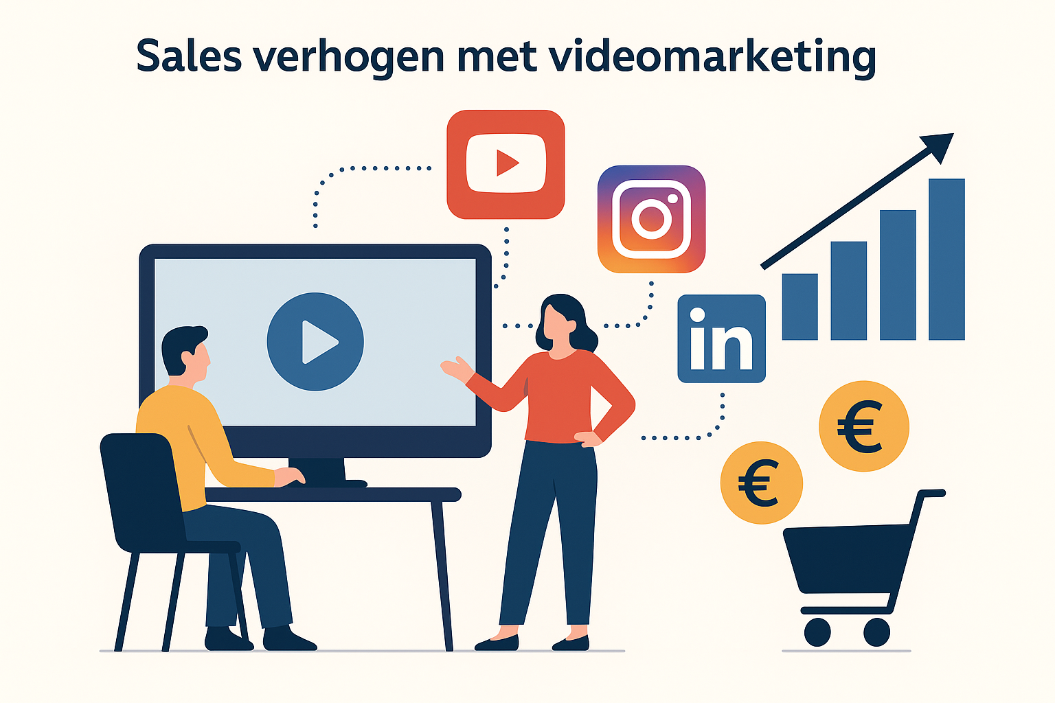 Infographic Sales verhogen met videomarketing, inclusief social media platforms (YouTube, Instagram, LinkedIn). Visuele weergave van videomarketing voor ondernemers en MKB.